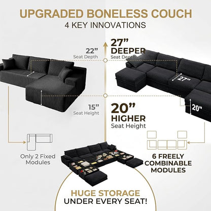 Upgrade Boneless Couch with Storage, Extra Deep&High Seat Modular Sectional Sofa 4 Seater U Shaped Cloud Couch with Ottoman, Tool-Free Assembly Sectional Couches for Living Room