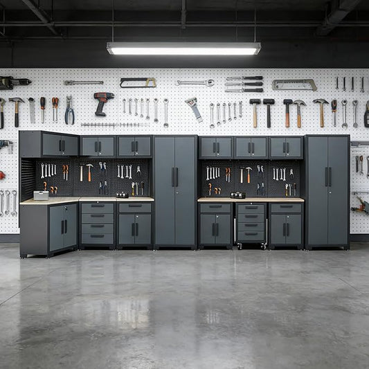 Garage Cabinets and Storage System, 17PCS Garage Storage Cabinet System Corner Workshop Set with Corner Cabinet, Cabinet Drawers, Workbench, Pegboard for Tool Organization, Black Grey