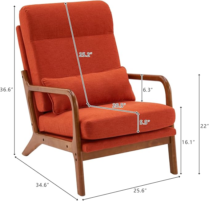 Karl home Accent Chair High Back Mid-Century Modern, Burnt Orange | Linen Fabric Upholstered, Walnut Color Solid Rubber Wood Frame, Soft Cushion with Pillow, For Living Room, Bedroom, Balcony