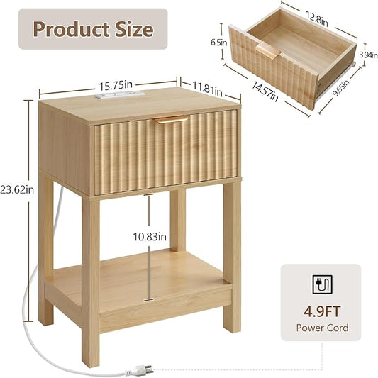 Nasonet Night Stand Set 2, Fluted Nightstand with Charging Station, Wood Bedside Table with Drawer & Storage Shelf, Modern End Tables for Bedroom Sofa Couch Office, Natural Oak