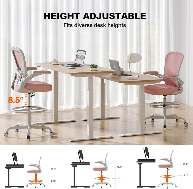 Synorla Ergonomic Drafting Chair, Tall Mesh Office Chair with Flip-up Armrests, Lumbar Support & Adjustable Footrest Ring for Standing Desk Gray Pink