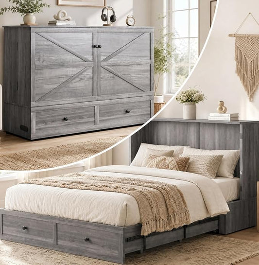 BALUS 57" Width Murphy Bed with Mattress, Full Size Cabinet Bed Frame with USB Charging Station & Large Storage Drawer, Full Murphy Bed, Cabinet Beds for Bedroom/Guest, Dark Grey