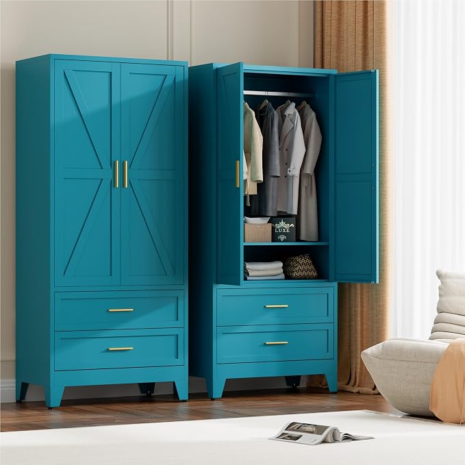 LCAOPC 71" Tall Metal Wardrobe Cabinet with 2 Drawers and Hanging Rod, 2 Doors Armoire Wardrobe Closet with Shelf for Bedroom, Office, Laundry Room, Blue