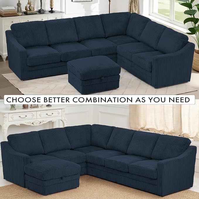 115 Inches Corduroy Sectional Sofa with Storage Ottoman, Modern 7 Seats Corner Couch with Deep Seat, Comfy Modular U Shaped Couch with Comfortable Cushions for Living Room, Blue
