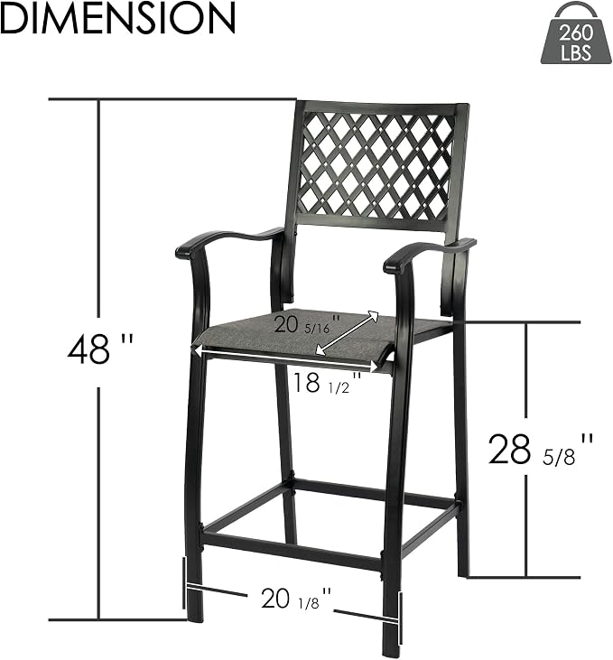 Kozyard Outdoor Counter Height Bar Stools Set of 2, Patio Bar Chairs with Wrought Iron Frame & Textilene Fabric, Outdoor Dining Chairs for Patio, Poolside, Backyard Gray