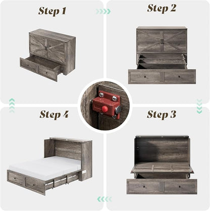 LUXOAK Full Murphy Bed with 6" White Tri-Fold Memory Foam Mattress, Storage Drawer & Charging Station, Space-Saving Design for Home Office or Guest Room, Rustic Grey