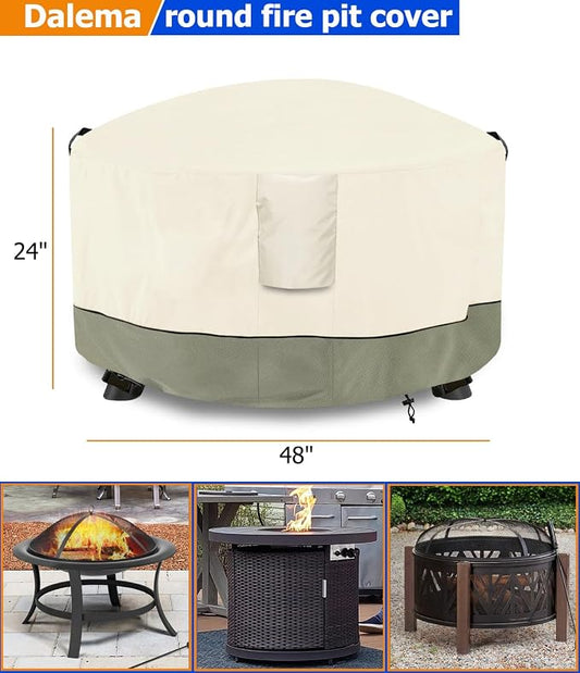 Fire Pit Cover,Outdoor Heavy Duty 600D 100% Waterproof Fire Pit Cover Round,Weatherproof Firepit Covers Round 48" Dia x 24" H,Beige