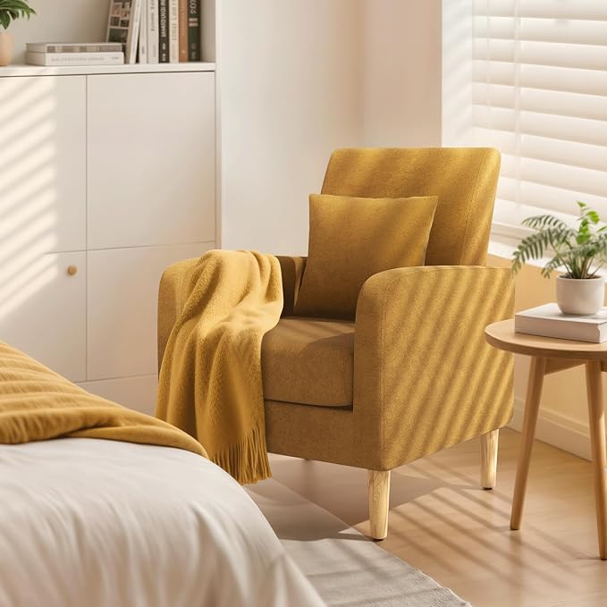 Magshion Accent Chair for Living Room, Comfy Mid-Century Reading Chair for Bedroom, Upholstered Linen Fabric Armchair Single Sofa with Back Pillow & Wood Legs, 300 lbs Capacity, Yellow