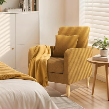 Magshion Accent Chair for Living Room, Comfy Mid-Century Reading Chair for Bedroom, Upholstered Linen Fabric Armchair Single Sofa with Back Pillow & Wood Legs, 300 lbs Capacity, Yellow