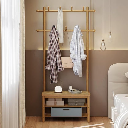 Giantex 3-in-1 Hall Tree with Bench and Shoe Storage, Bamboo Coat Rack Freestanding w/PE Rattan Bench, 11 Hanging Rods, 3 Tier Shoe Rack, Narrow Mudroom Storage Organizer for Entryway Bedroom,Natural