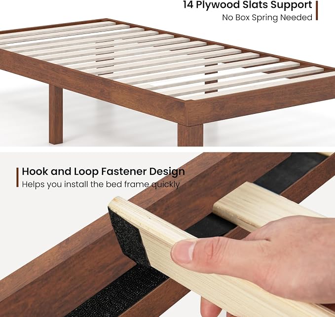 COSTWAY Wood Platform Bed Frame, 14 Inches Solid Rubber Wood Bed Mattress Foundation with Sturdy Slats Support, Easy Assembly Bed Frame for Home Hotel, No Box Spring Needed (Walnut, Twin)