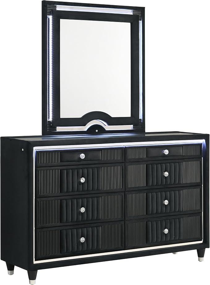 Coaster Home Furnishings - Ravenne - Wood - 8-Drawer Dresser with LED Mirror, Velvet Upholstery, and Glass Top - Bedroom - Black - 223193M