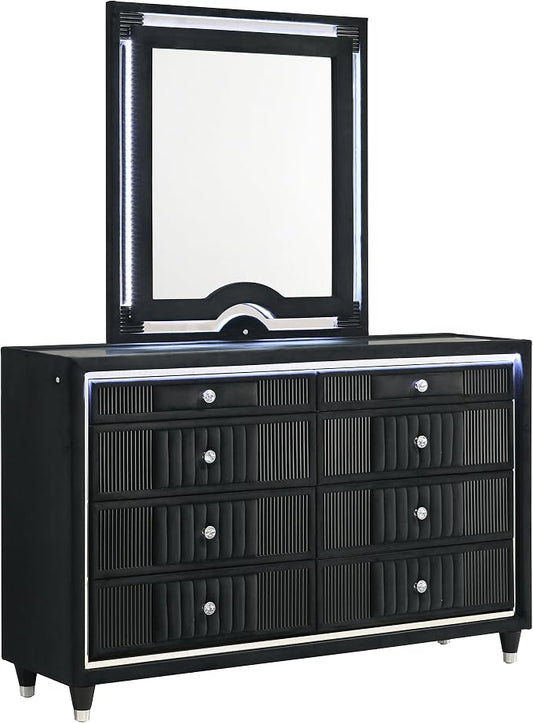 Coaster Home Furnishings - Ravenne - Wood - 8-Drawer Dresser with LED Mirror, Velvet Upholstery, and Glass Top - Bedroom - Black - 223193M