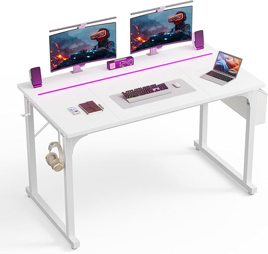 DurayLoly 48 Inch Computer Desk with LED Lights for Home Office,Bedroom Study Desk for Teens, Sturdy Metal Frame,Headphone Hook & Storage Bag,Small Space Design,White