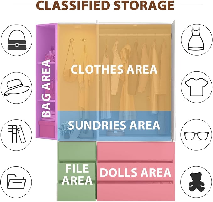 White Wardrobe Closet with Mirror and LED Light, Armoire Wardrobe with 6 Drawers, Hanging Rod, Open Shelves, Freestanding Bedroom Storage Cabinet
