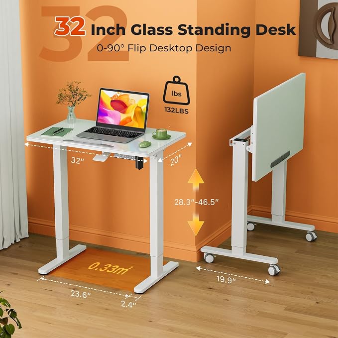 32" Glass Standing Desk,90°Tilt Whiteboard Electric Drafting Table | White Foldable One-piece Electric Height Adjustable Drawing Table with 4 Lockable Wheels, Small Portable Rising Workstation
