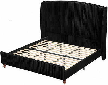 King Size 65.7" Tall Headboard Upholstered Bed Frame with Wingback, Soft Washable Corduroy Beds Cover, Solid Wood Legs, Noise-Free, No Box Spring Needed, Black