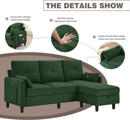 77" Convertible Sectional Sofa, Small L Shaped Couch with Storage Chaise, 3 Seats Modern Polyester Fabric Couches for Living Room, Apartment and Small Space, Green