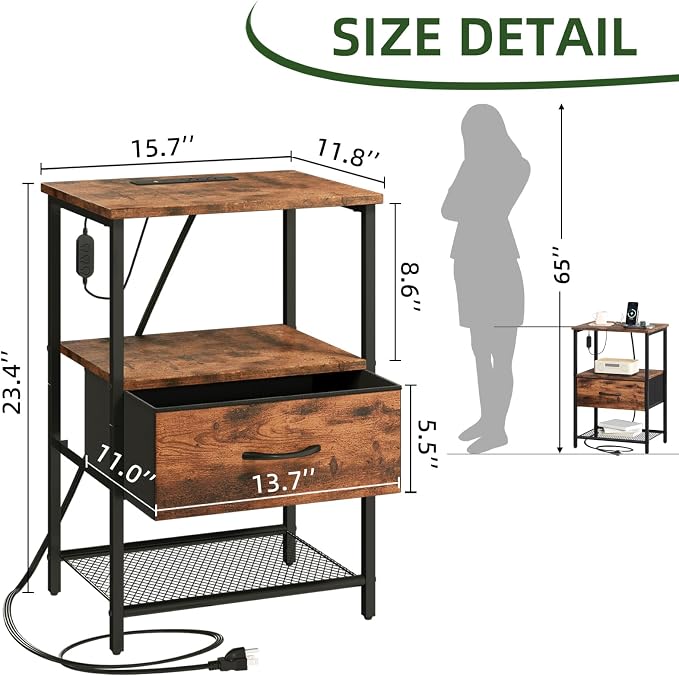 Somdot Nightstand Set of 2 with Charging Station and LED Light for Bedroom, Bedside Table End Table for Dorm Guest Room Bedside Kids Laundry Closet Entryway Hallway, Wood Grain Print