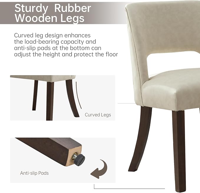 VKNOW Modern Dining Chairs Set of 2 with Rubberwood Legs, Beige | Faux Leather, Curved Back, For family, Kitchen Dining RoomRestaurant Reception Room, No wobble, 80% pre-installed