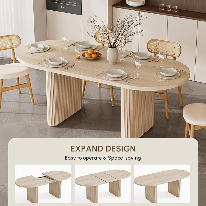 homary Extendable Oval Dining Table 63"-79", Japandi Style Kitchen Table for 4-6 People, Double Pedestal Base, Space-Saving Design for Family Gatherings, Holiday Dinners (Table Only)