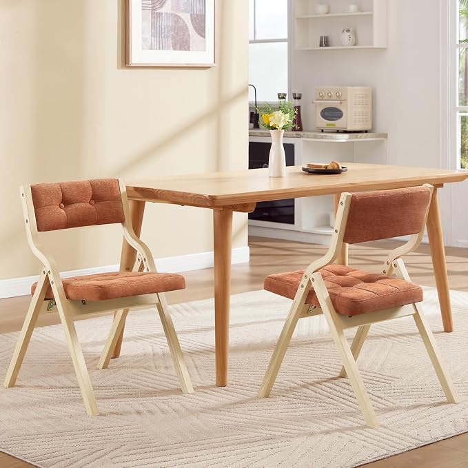 2-Pack Folding Dining Chairs with Cushion,Padded Foldable Dining Chairs,Portable Wooden Folding Chairs with Tufted Buttons Seat for Dining Rooms Kitchen Wedding and Party Indoor Orange