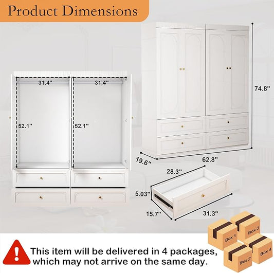 Wooden Wardrobe Closet with Doors: 75" Tall White Armoire Wardrobe Closet with 4 Drawers and 4 Doors, Modern Clothes Cabinets for Bedroom Armoires with Hanging Rod (4-Drawers, 63")