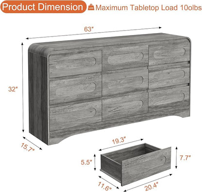 9 Drawer Dresser and Nightstand Sets for Bedroom, 3 Piece Bedroom Set | Wood 9 Drawer Dresser & Night Stand Set of 2, Large Chest of Drawers Modern Storage Cabinet Bedroom Furniture Set, Grey