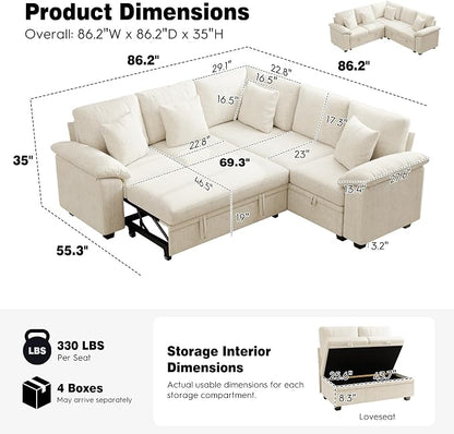 Ihanherry 86" Modular Sectional Sofa with Pull Out Bed, 5-Seater L Shaped Sectional Sleeper Couch with Storage, Chenille Convertible Couches for Living Room, Apartment (Beige)