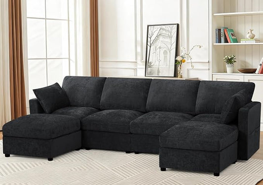 110” Chenille 4-Seats Sofa W/Two Movable Ottomans, Black | Modern Fabric U-Shaped Couch w/Soft Backrests, Upholstered Sectional Sofa w/Arm Pillows for Living Room, Office