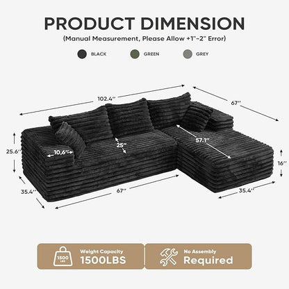 2" Corduroy Boneless Couches for Living Room, L Shape Sofa with Chaise | 102.4" Modular Sectional Sofa, Cloud Couch Sectional with Deep Seat, No Assembly, Black, Right Chaise