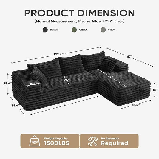 2" Corduroy Boneless Couches for Living Room, L Shape Sofa with Chaise | 102.4" Modular Sectional Sofa, Cloud Couch Sectional with Deep Seat, No Assembly, Black, Right Chaise