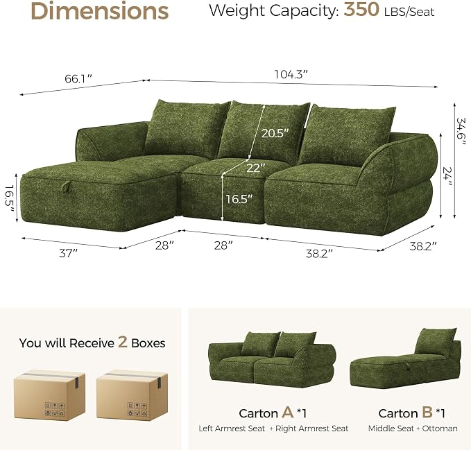 104" Modular Sectional Sofa with Deep Seat, Comfortable Upholstery L Shaped Cloud Couch for Living Room, 3-Seater Boneless Sofa with Movable Ottoman, Removable Cover, No Assembly Required, Algae Green