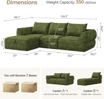 104" Modular Sectional Sofa with Deep Seat, Comfortable Upholstery L Shaped Cloud Couch for Living Room, 3-Seater Boneless Sofa with Movable Ottoman, Removable Cover, No Assembly Required, Algae Green