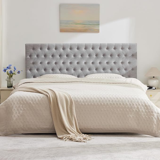 Upholstered King Headboard Only, Premium Linen Button Tufted Headboards, Adjustable Solid Wood Head Board, Padded Headboard with Solid Wood Legs in Bedroom (Grey)