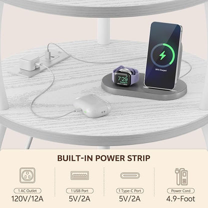 Round Side Table with Charging Station, USB Type C Port, White | Small Table with Storage Basket,Tall Side Table for Sofa,Small Spaces, Nightstand for Living Room Bedroom, 15.75in