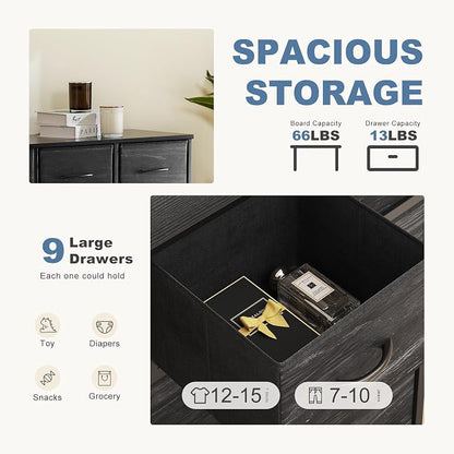 DUMOS 9 Drawer Dresser for Bedroom, Storage Organizer Chest of Drawers | Fabric Bins Storage Tower with Sturdy Metal Frame, Wood Tabletop for Closet, Black Wood