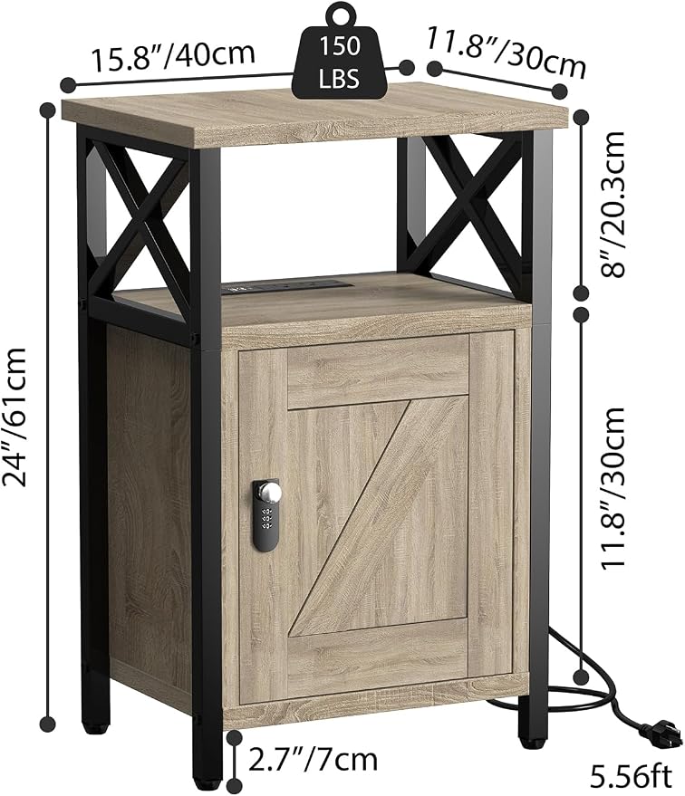 runjuly Wooden Nightstand with Lock, Bed Side Table with Drawers, Bedside Table with Charging Station, 3 USB & 2 Outlets, Night Stand with Cabinet, End Tables for Bedroom, Greige