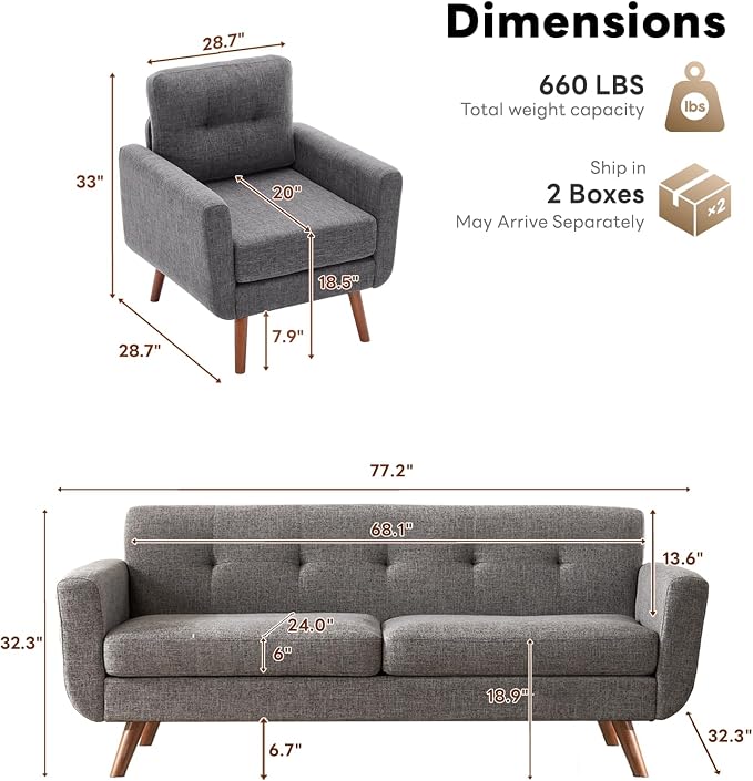 Tbfit Mid Century Modern Sofa Couch, Gray, Standard Sofa & Accent Chair | linen fabric