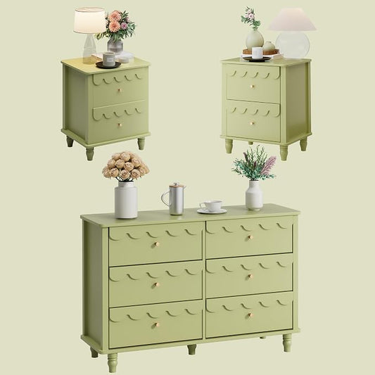 Anbuy Bedroom Sets 3 PCS Scalloped 6 Drawer Dresser and Night Stand Sets for Bedroom, Two Drawers Nightstand Set of 2 & 6 Drawer Dresser Combo 3 Pieces (Green)