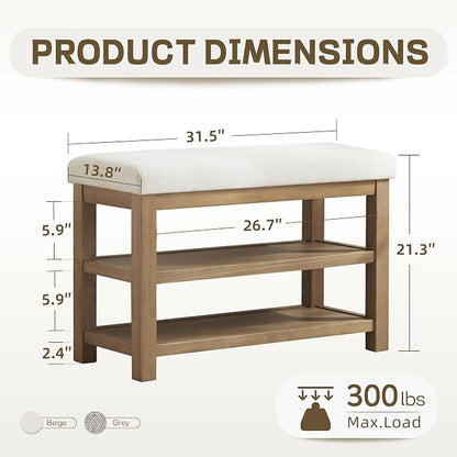Zihanhome 2 Tier Shoe Rack Bench with Cushion, Solid Wood Shoe Benches, Mid-Century Modern Shoe Storage Bench for Entryway, Hallway, Living Room, Closet, Front Door Entrance, (Beige, 31.5")