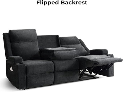 GUEAPY Large Manual Reclining Sofa – 3-Seater Chenille Reclining Couch with Cup Holders, Wide Seat, Easy Assembly & Spill-Resistant Fabric – Cozy Reclining Sofa for Living Room, Apartment, RV（Black）