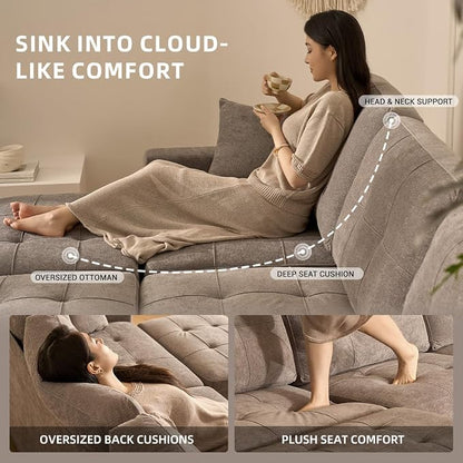 112" U Shaped Modular Cloud Sectional Couch, Waffle Fabric, Light Gray | Modular Deep Seat Sofa, Movable Ottoman, Pocket Spring Cushions, 2-Box Delivery, Living Room Lounge Use, Not Boneless