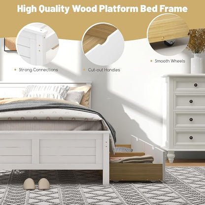 GOFLAME Full Size Bed Frame with 2 Drawers, Platform Bed with Solid Wood Headboard & Footboard, Wood Slats Support Mattress Foundation, Under Bed Storage, No Box Spring Needed, Easy Assembly, White