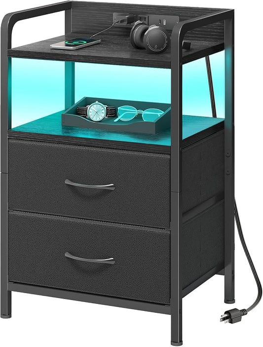Fixwal Night Stand for Men Bedroom with 2 Fabric Storage Drawers and Shelves, Nightstand with Charging Station & LED Lights, Black
