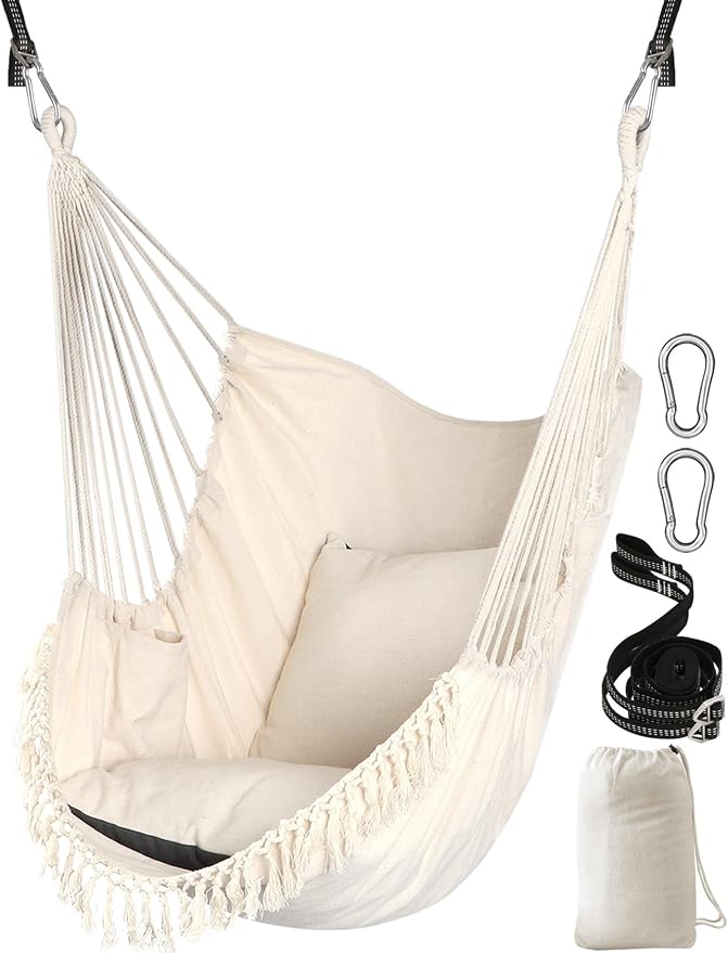 Chihee Hammock Chair Hanging Swing 2 Pillows Included,Strong Webbing Straps and Hooks for Easy Hanging Soft Cotton Hanging Chair Side Pocket Tassel Chair Comfort Indoor Outdoor