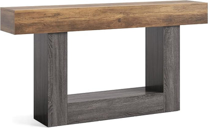 LITTLE TREE 63 Inches Long Console Table, 2-Tier Farmhouse Sofa Table Behind Couch, Large Narrow Entryway Table for Living Room, Wooden Hallway Foyer Table with Heavy Duty Base, Rustic Brown and Grey