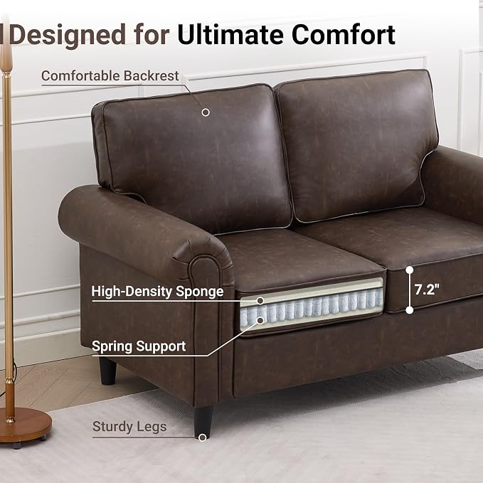 Kingfun Loveseat 2 Seater Couch, Mid Century Modern Faux Leather Sofa with Rolled Arms and Deep Seats, Fluffy Comfort for Living Room, Apartment, Easy Assembly, Cocoa