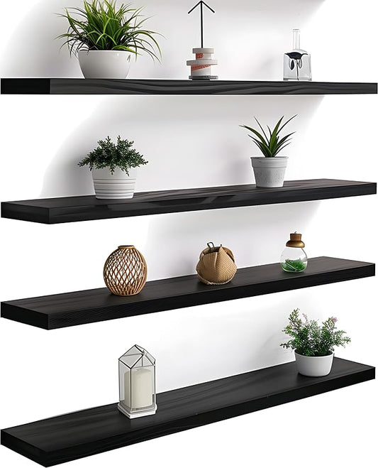 YYWUOJJ Wood Floating Shelves for Wall Decor, Rustic Wall Shelves for Bedroom Bathroom Kitchen Living Room, Set of 4 Black 36 Inch