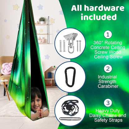 HiCamer Double Layer Sensory Swing for Kids & Adults Holds up to 300lbs Indoor and Outdoor Therapy Cuddle Swing with 360° Swivel Hanger Kit Adjustable Swing with Aspergers Autism ADHD (Aurora Green)